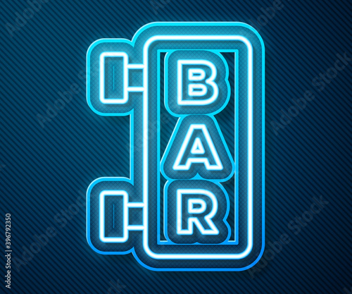 Glowing neon line Street signboard with inscription Bar icon isolated on blue background. Suitable for advertisements bar, cafe, restaurant. Vector.