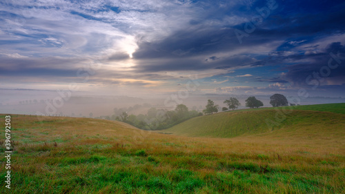 Misty autumnal morning in the Hambledon valley in the South Downs National Park  Hampshire