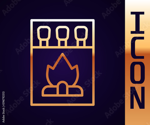 Gold line Open matchbox and matches icon isolated on black background. Vector.