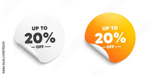 Up to 20% off Sale. Round sticker with offer message. Discount offer price sign. Special offer symbol. Save 20 percentages. Circle sticker mockup banner. Discount tag badge shape. Vector