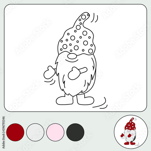 Christmas Cartoon Gnome coloring page. Development task for children. Coloring book isolated on white background. Vector illustration
