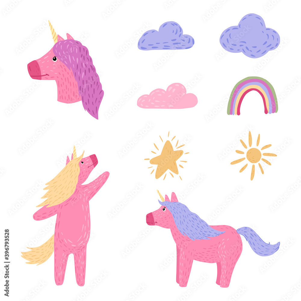 Set unicorns on white background. Cartoon cute character unicorn, rainbow , sun, star, cloud in doodle.
