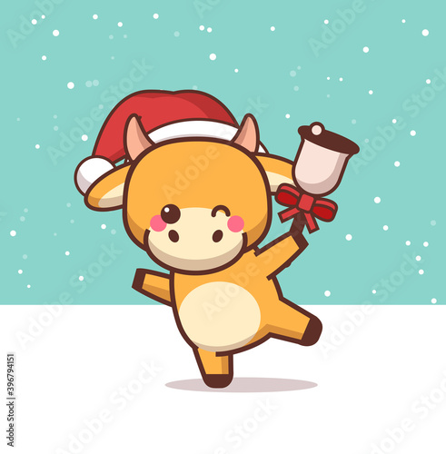 little ox in santa hat holding bell happy chinese new year 2021 greeting card cute cow mascot cartoon character vector illustration