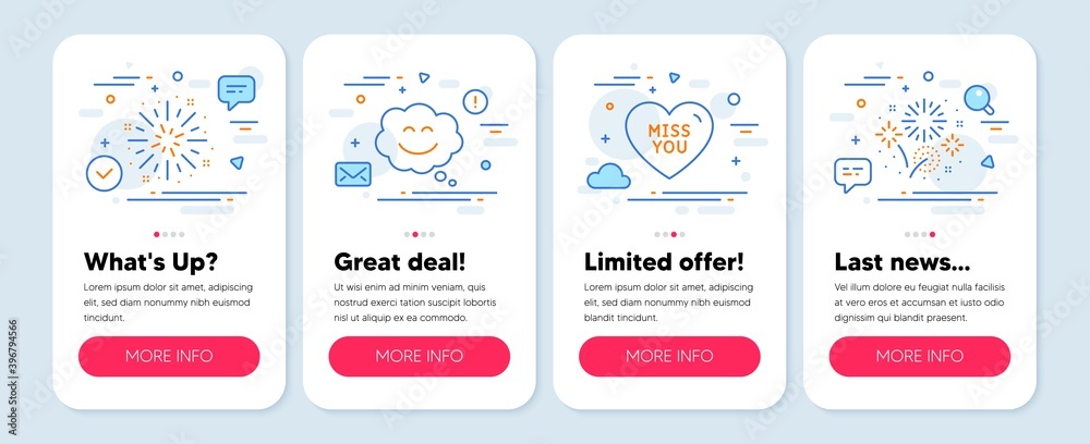 Set of Holidays icons, such as Miss you, Fireworks explosion, Smile chat symbols. Mobile app mockup banners. Fireworks line icons. Love heart, Pyrotechnic salute, Happy face. Miss you icons. Vector