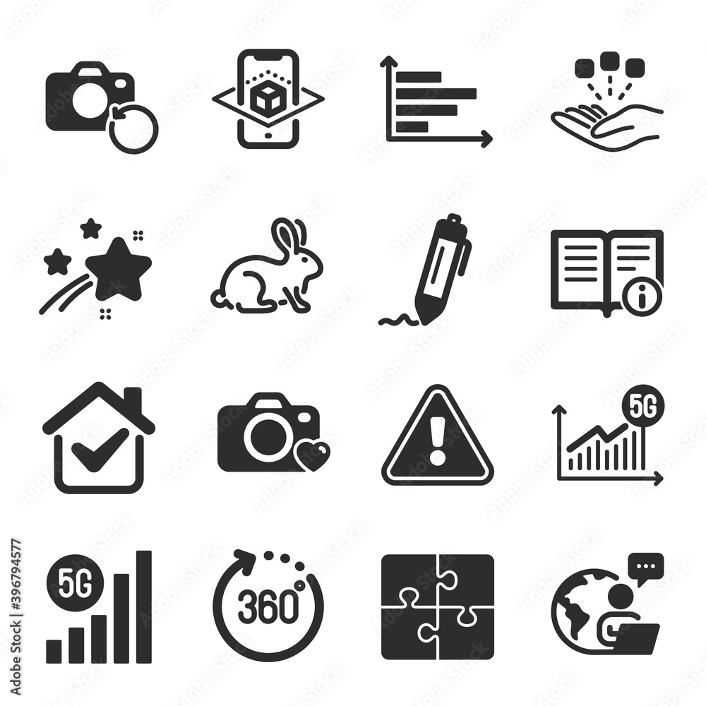Set of Science icons, such as Signature, Puzzle, Technical info symbols. Horizontal chart, 5g wifi, Recovery photo signs. Consolidation, Animal tested, Augmented reality. 360 degrees. Vector Set of Science icons, such as Signature, Puzzle, Technical info symbols. Horizontal chart, 5g wifi, Recovery photo signs. Consolidation, Animal tested, Augmented reality. 360 degrees. Vector