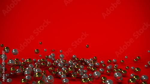 Many shiny christmas balls on deep red background. 3D illustration.