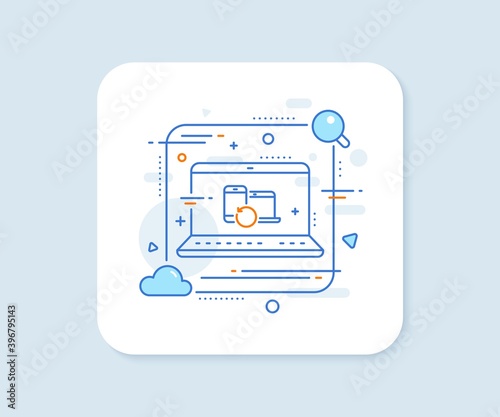 Recovery devices line icon. Abstract vector button. Backup data sign. Restore information symbol. Recovery devices line icon. Laptop concept badge. Vector