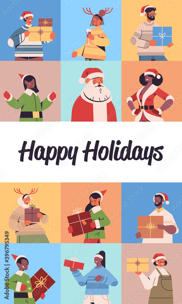 set mix race people celebrating happy new year merry christmas winter holidays celebration concept greeting card vertical portrait vector illustration