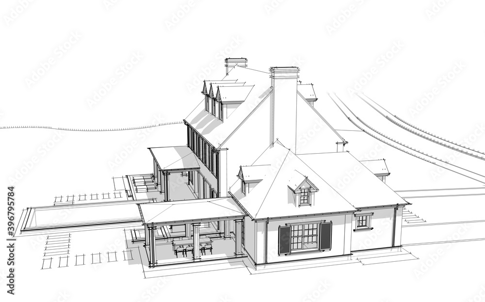 3d rendering of modern cozy classic house in colonial style with garage and pool for sale or rent with beautiful landscaping on background Black line sketch with soft light shadows on white background