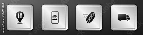Set Cafe and restaurant location, Online ordering delivery, hotdog and Fast by car icon. Silver square button. Vector.