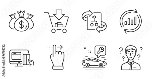 Check investment, Technical algorithm and Online payment line icons set. Support consultant, Shopping and Touchscreen gesture signs. Car service, Update data symbols. Quality line icons. Vector