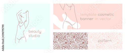 Beauty salon banner in trendy natural hue. Vector emblem design template minimalistic linear style. Abstract animal seamless pattern. Corporate identity set for cosmetic label. Woman body silhouette.