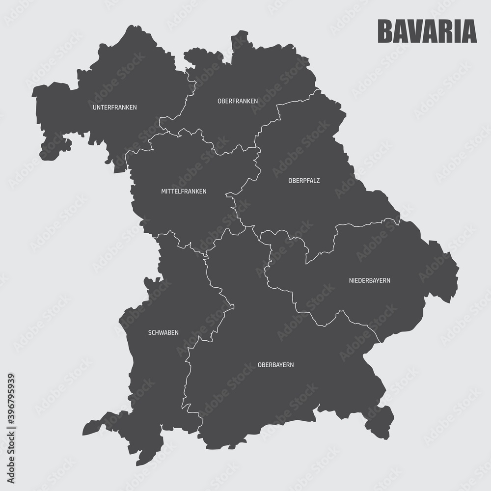 The Bavaria isolated map divided in regions with labels, Germany