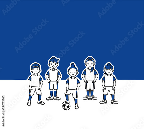 Children's football team young girls soccer players blue sky vector
