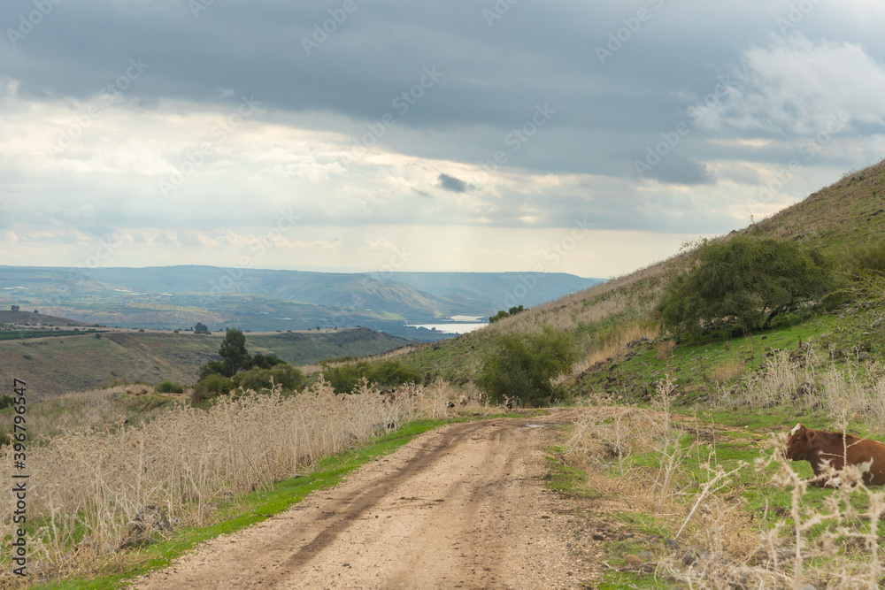 Dirt road  with mud after rain and the Sea of Galilee - Kinneret, visible in the distance in the Golan Heights in northern Israel