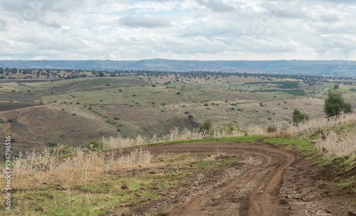 Dirt road with  mud after rain in the Golan Heights in northern Israel