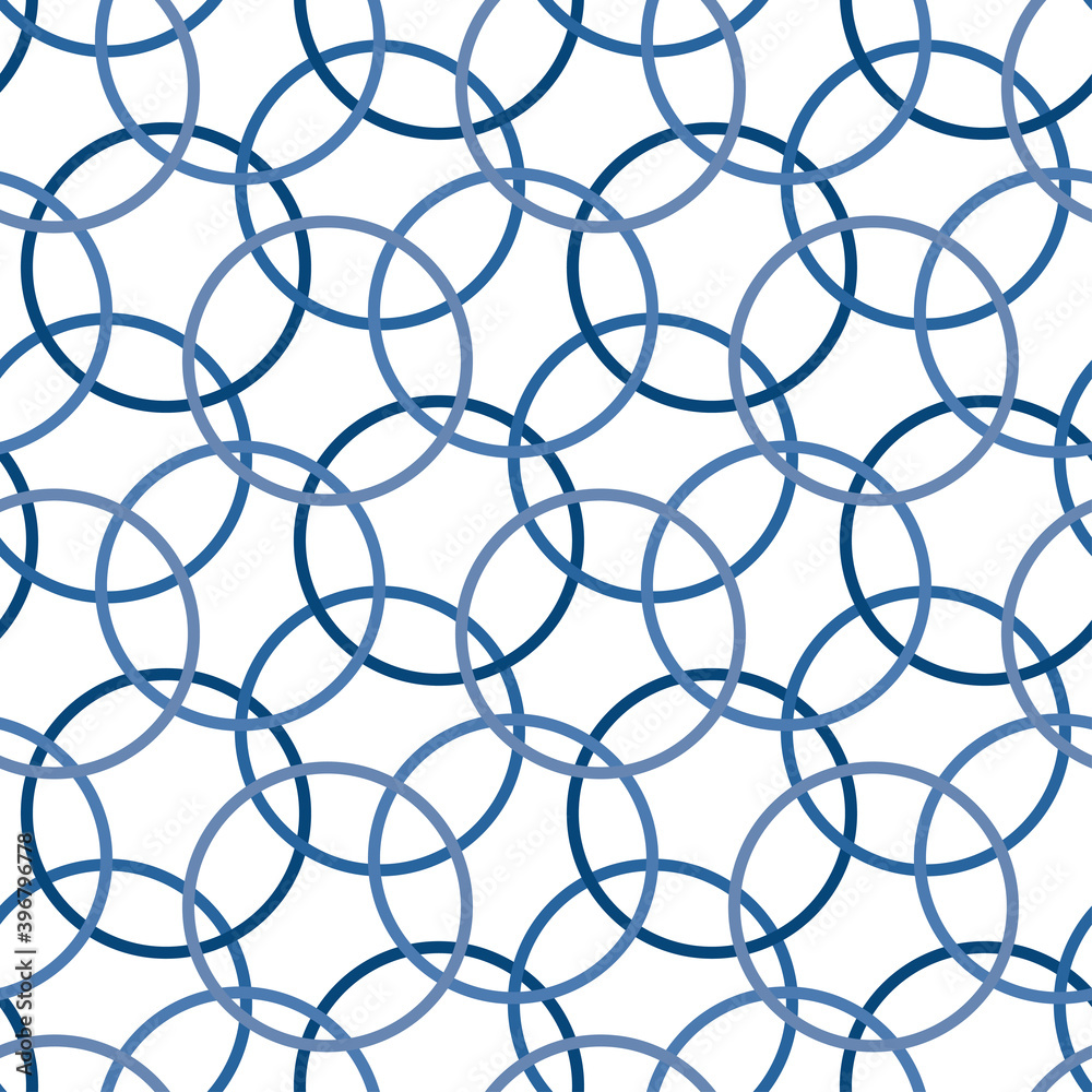 Blue thin round rings isolated on white background. Geometric seamless pattern. Vector flat graphic illustration. Texture.