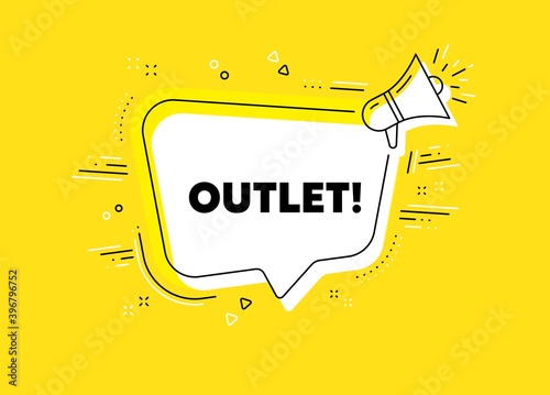 Outlet symbol. Megaphone yellow vector banner. Special offer price sign. Advertising discounts. Thought speech bubble with quotes. Outlet chat think megaphone message. Vector