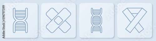 Set line DNA symbol, DNA symbol, Crossed bandage plaster and Awareness ribbon. White square button. Vector.