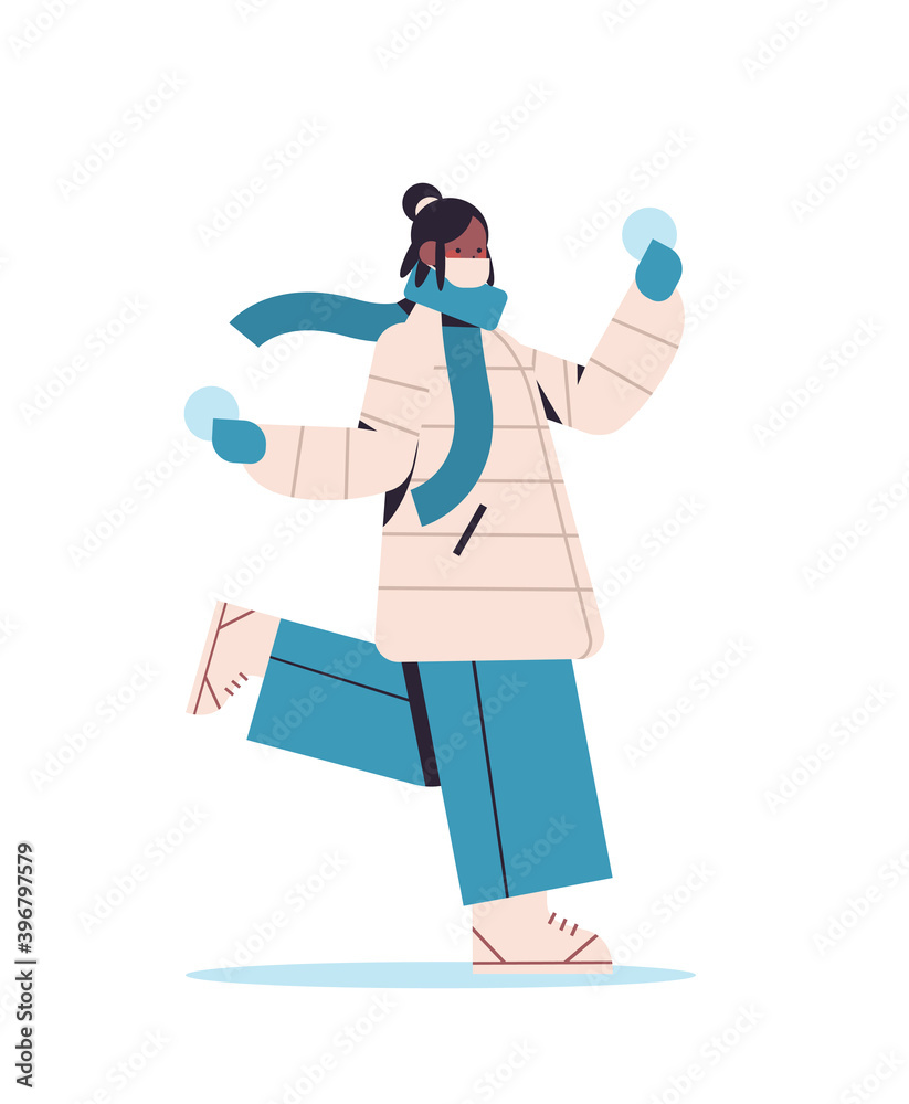 girl in mask holding snowballs african american woman having winter fun outdoors activities coronavirus quarantine concept full length vertical vector illustration girl in mask holding snowballs african american woman having winter fun outdoors activities coronavirus quarantine concept full length vertical vector illustration