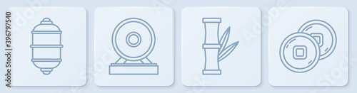 Set line Chinese paper lantern, Bamboo, Gong and Chinese Yuan currency. White square button. Vector.