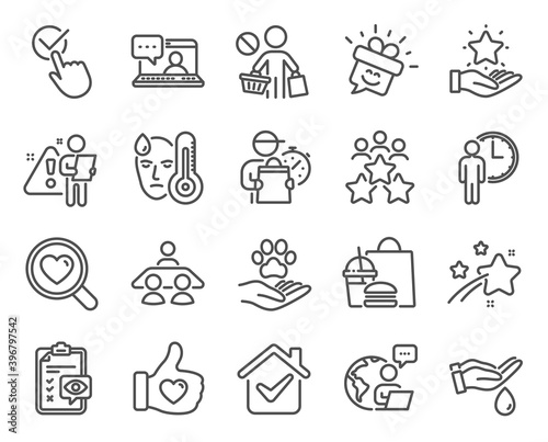 People icons set. Included icon as Business meeting  Friends chat  Wash hands signs. Eye checklist  Like hand  Smile symbols. Interview job  Waiting  Search love. Pets care  Checkbox. Vector