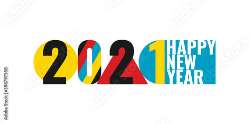 2021 Happy New Year abstract concept design bauhaus style logo, icon, sign isolated on white background. Banner, poster, flyer, placard, greeting card 2021 new year. Vector illustration.
