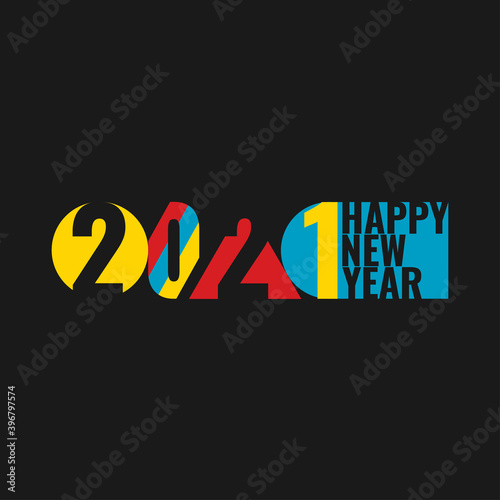 2021 Happy New Year abstract concept design bauhaus style logo, icon, sign on black background. Banner, poster, flyer, placard, greeting card 2021 new year. Vector illustration.