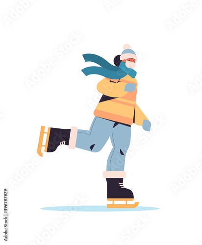 woman in mask skating on ice rink girl having winter fun outdoors activities coronavirus quarantine concept full length vertical vector illustration