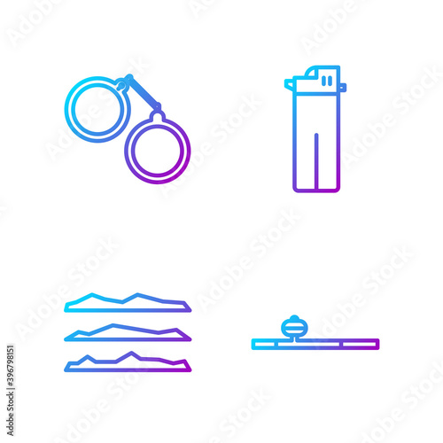 Set line Opium pipe, Cocaine or heroin drug, Handcuffs and Lighter. Gradient color icons. Vector.