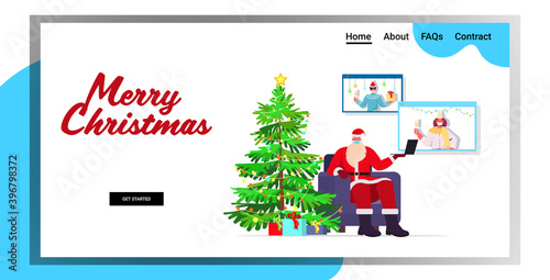 santa in mask discussing with people during video call happy new year merry christmas holidays celebration online communication concept horizontal copy space vector illustration