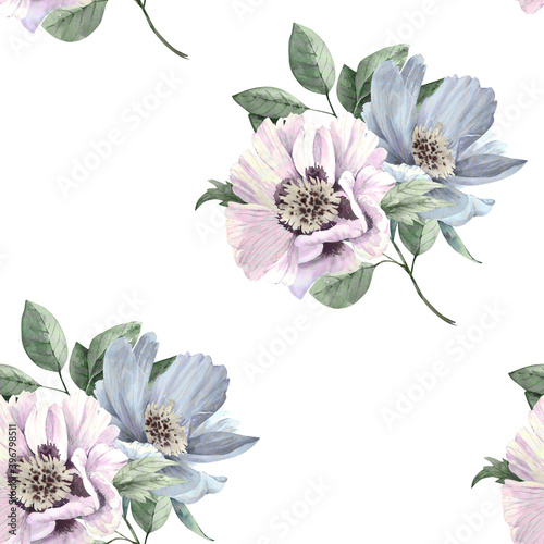 seamless pattern with delicate blue flowers on a white background watercolor illustration, hand painted