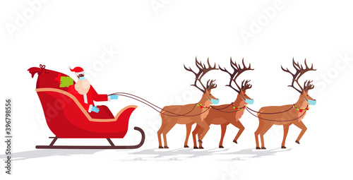 santa in mask riding sledge with reindeers happy new year merry christmas holidays celebration concept horizontal vector illustration