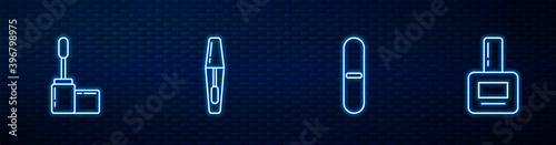 Set line Nail file, Mascara brush, and polish bottle. Glowing neon icon on brick wall. Vector.