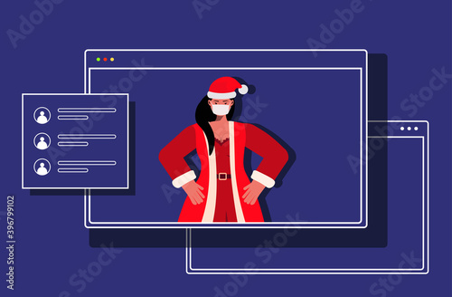 santa woman in web browser window wearing mask to prevent coronavirus pandemic new year christmas holidays celebration online communication concept portrait horizontal vector illustration