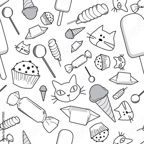 Cat and candies pattern seamless . An illustration black and white for gifts wrapping paper or xmas letters.