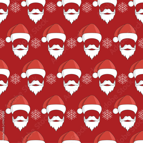 Santa Claus seamless pattern and snowflakes in red background for wrapping paper or xmas letters. Holiday times in cold and happy winter.