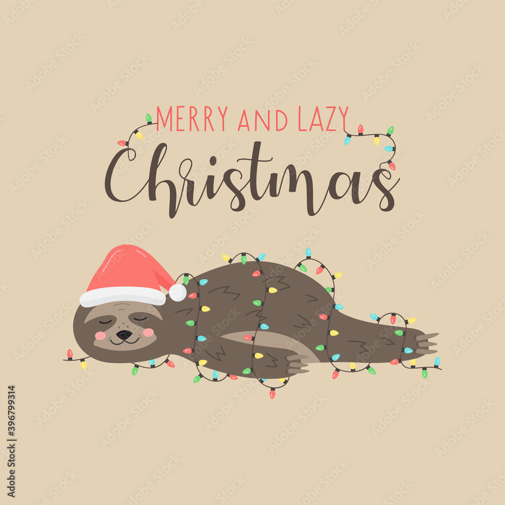 Fototapeta premium Merry and lazy Christmas sloth vector illustration. Cute hand drawn sloth with santa hat lying wrapped in xmas lights. Isolated cartoon greeting card.