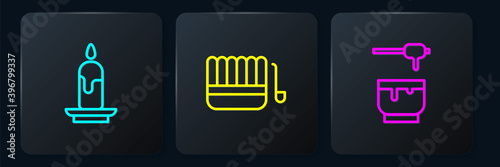 Set line Burning candle, Honey dipper stick bowl and Sauna bucket ladle. Black square button. Vector.