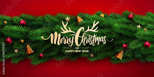 Merry Christmas Poster or banner with christmas element and Christmas Tree Branches Decorated Background for Retail,Shopping or Christmas and New year Promotion.