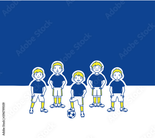 Children's football team young boys soccer players blue sky vector	