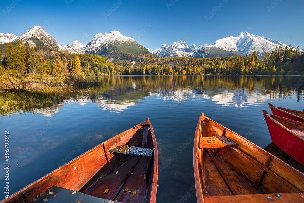 High Tatras mountains - national park and Strbske pleso (Strbske lake) beautiful mountain lake, Slovakia