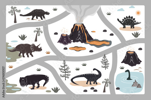 Cartoon kids road playmat with dinosaur, palm, and volcano mountains. Vector illustration, floor carpet or wall poster. Dino background for the children room