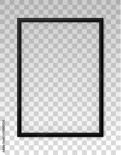 3D frame. Black frame isolated on background. Realistic modern border. Rectangular vertical boarder with shadow. Design for picture, presentation, mockup, photo, poster, restaurant menu. Vector
