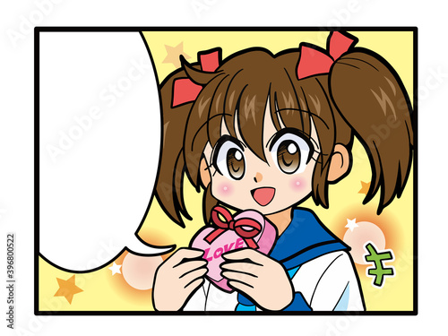 笑顔でバレンタインチョコを渡すセーラー服の少女