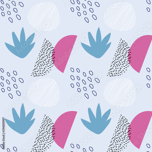 Abstract seamless pattern in trendy style with botanical and geometric elements, textures. Cute pastel colors. 