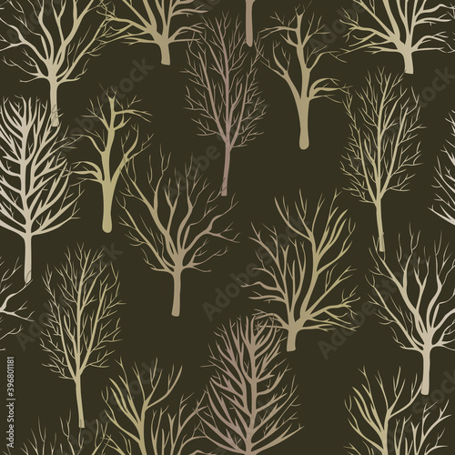 Vector Gold Beige Ombre Tree Silhouettes on Brown Background Seamless Repeat Pattern. Background for textile, book covers, manufacturing, wallpapers, print, gift wrap and scrapbooking.