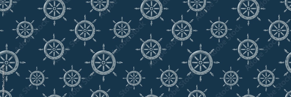 Colored seamless pattern wallpaper with nautical helm. Old, vintage, and antique steering symbol. Ocean life for marine design