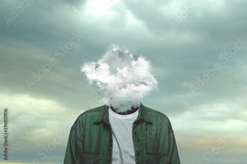 Thoughts. Male body of model with head full of smoke about sky and clouds. Trendy colours and gradient grey-white background. Contemporary art collage. Inspiration, mood, creativity, brain concept.