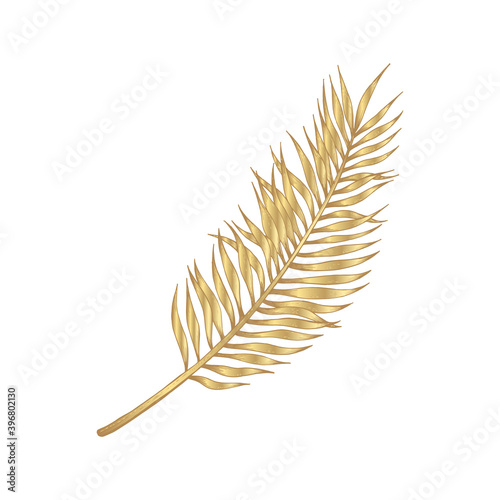 Tropical golden leaf on white background. Elegant exotic decoration  for cosmetics, spa, perfume, health care products,  tourist agency, summer party invitation, aroma.